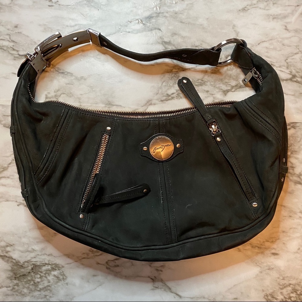 Junior Drake Black Suede Shoulder Bag Hobo Purse Adjustable Strap - Picture 2 of 8